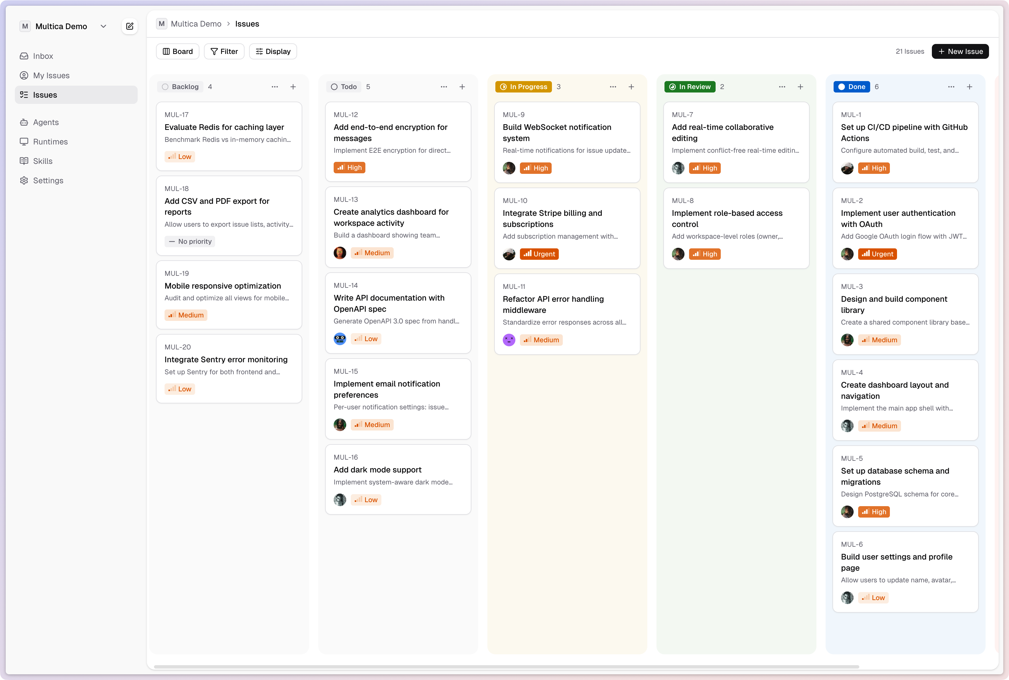 CodeDock board view — issues managed by humans and agents